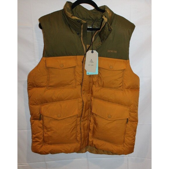 Prana Men Timber Trail Down Two Tone Puffer Vest XL Colorblock GREEN ORANGE New - Picture 1 of 7